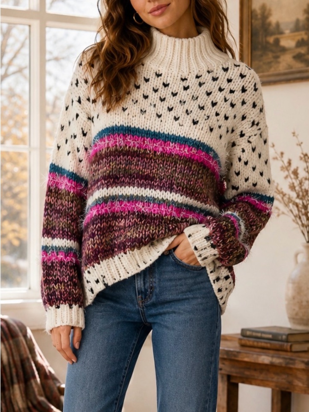 Anthropologie Raga Sona Fair Isle Fuzzy Mock Neck Tunic Sweater M NWOT